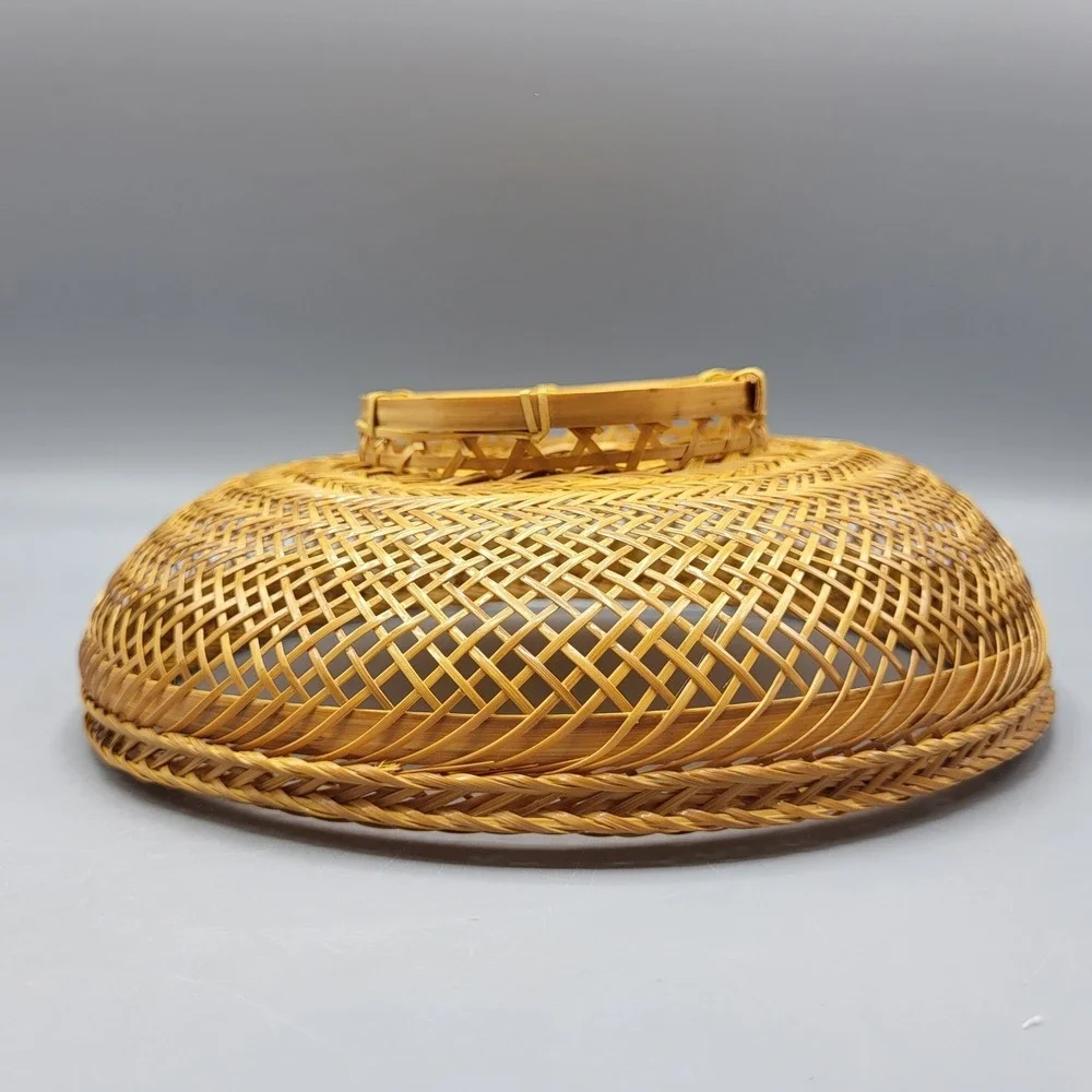 Vintage Woven Bamboo Basket Lid Round Handcrafted Decorative Tan Brown READ